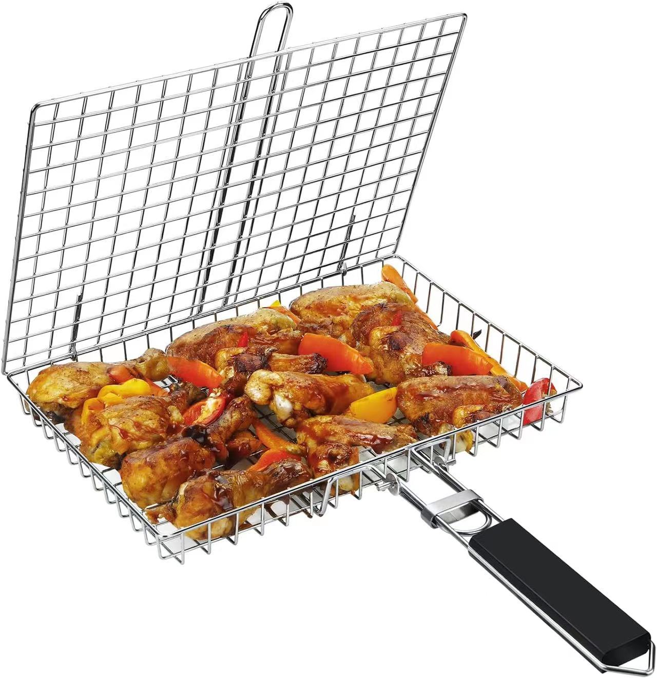 PureQ "Braai Basket"  Stainless Grill Flipper W' Wooden Handle